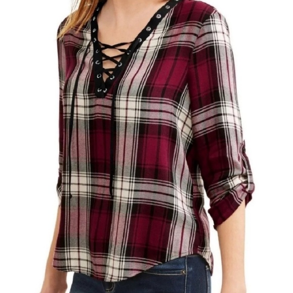 NO BOUNDARIES JUNIORS LACE UP SWEATER BURGUNDY CHECK FOR SIZE